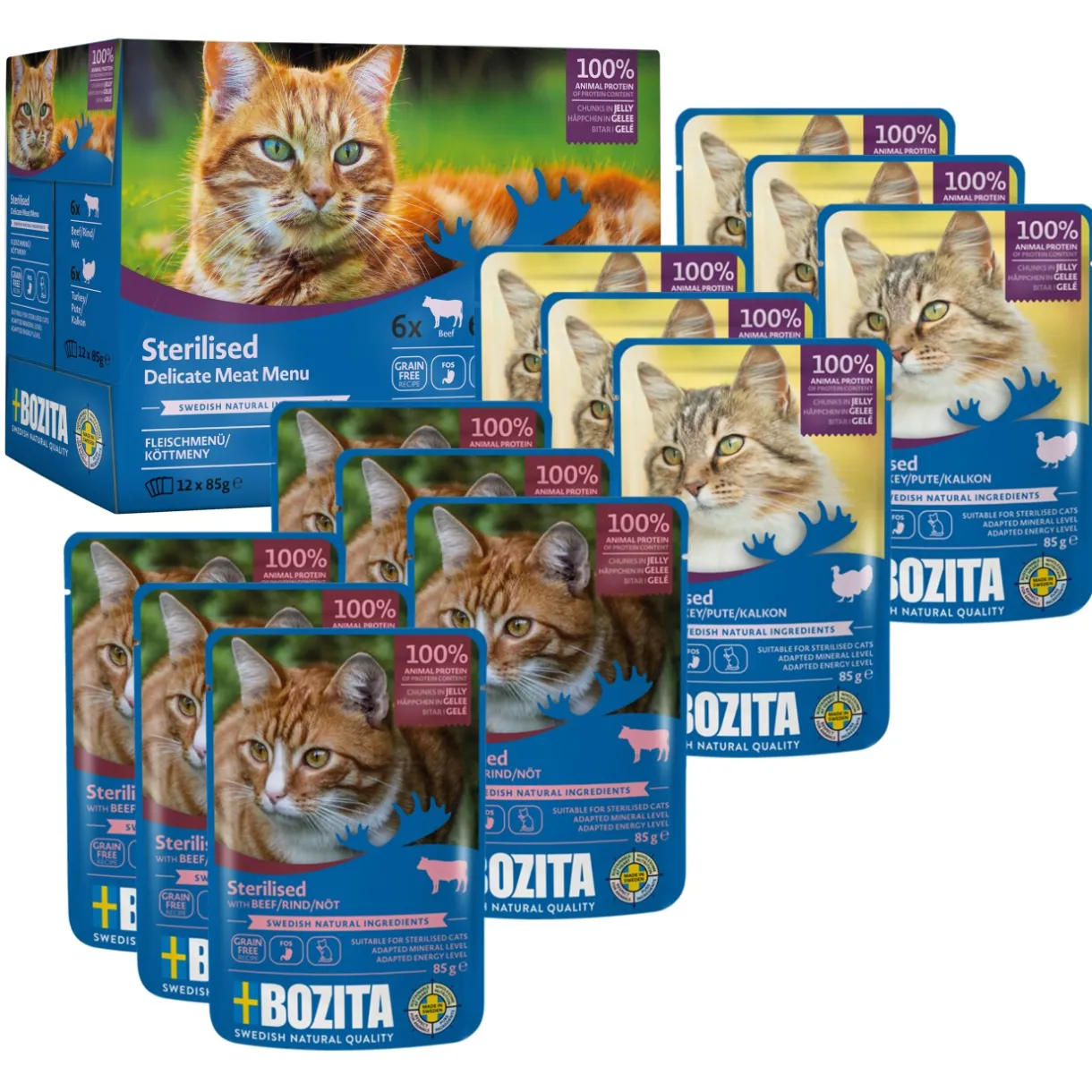 BOZITA Nourriture Humide^Nourriture humide pour chat bouchées stérilisées en gelée à la viande Multibox 12 x 85 g