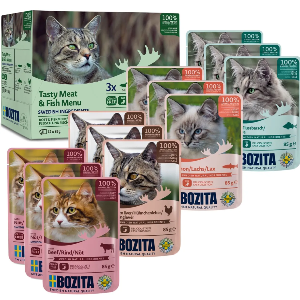 BOZITA Nourriture Humide^Nourriture humide pour chat Adult bouchée en gelée avec poisson et viande Multibox 12 x 85 g