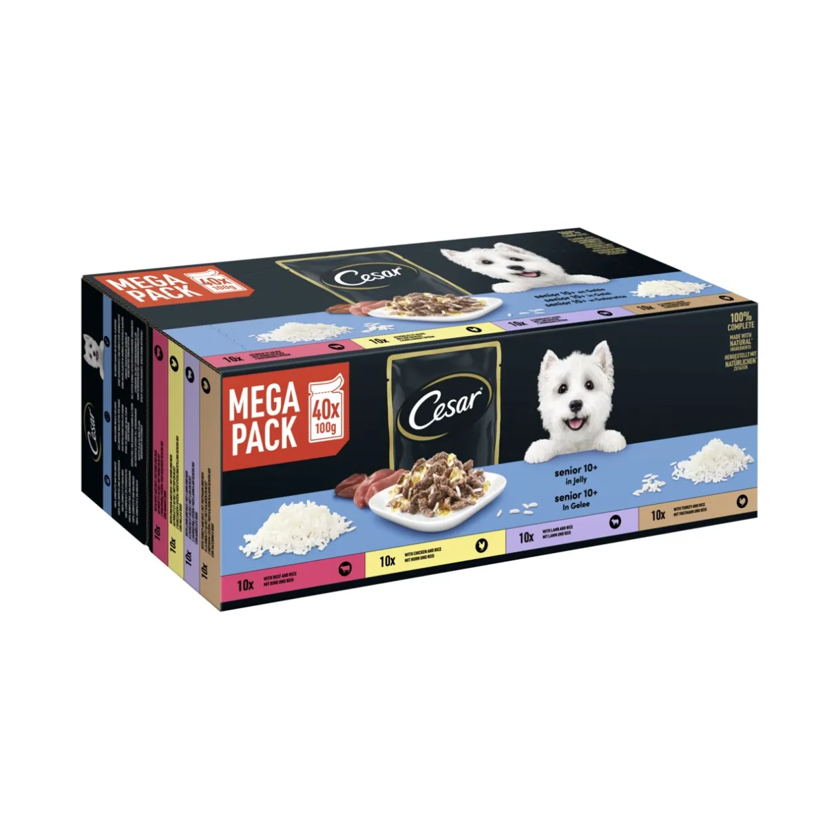 Cesar Nourriture Humide^Sachet de portion Mega Pack Senior 10+ en gelée 4 variétés 40 x 100 g