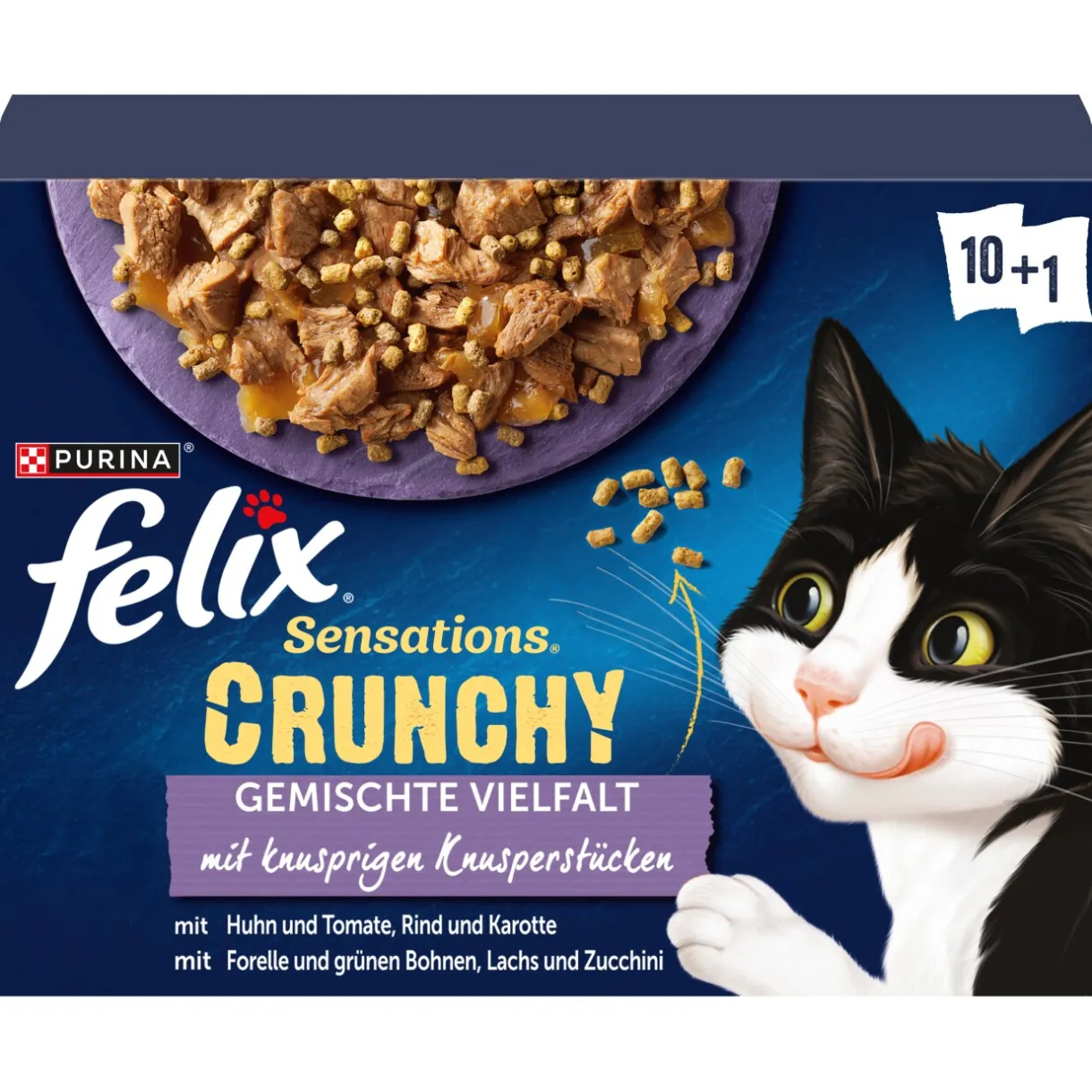Felix Nourriture Humide^Sensations Crunchy 10 x 85 g + 40 g de bouchées croustillantes Variété de saveurs aux légumes