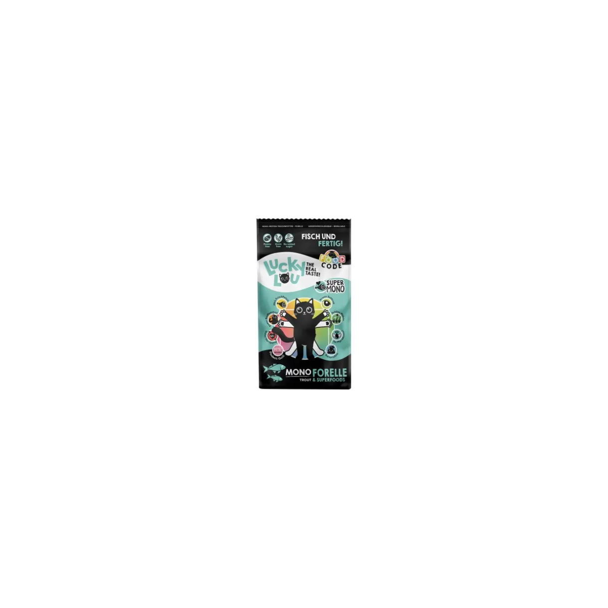 Lucky Lou Croquettes Pour Chat^Food Code croquettes pour chat, adulte, mono, truite 340 g