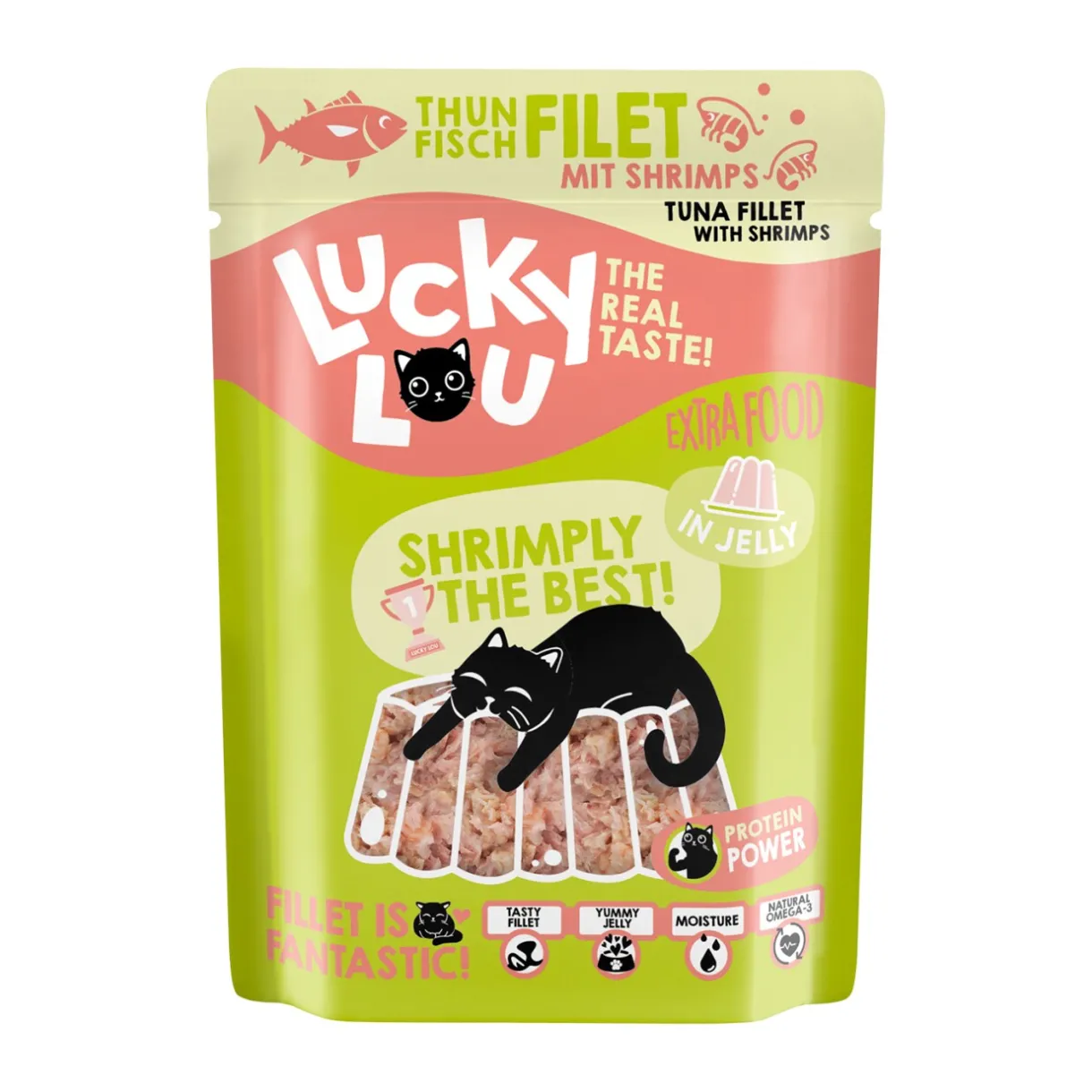Lucky Lou Nourriture Humide^Nourriture humide chat Extra Food Adult en gelée Thon et crevettes 12x70 g