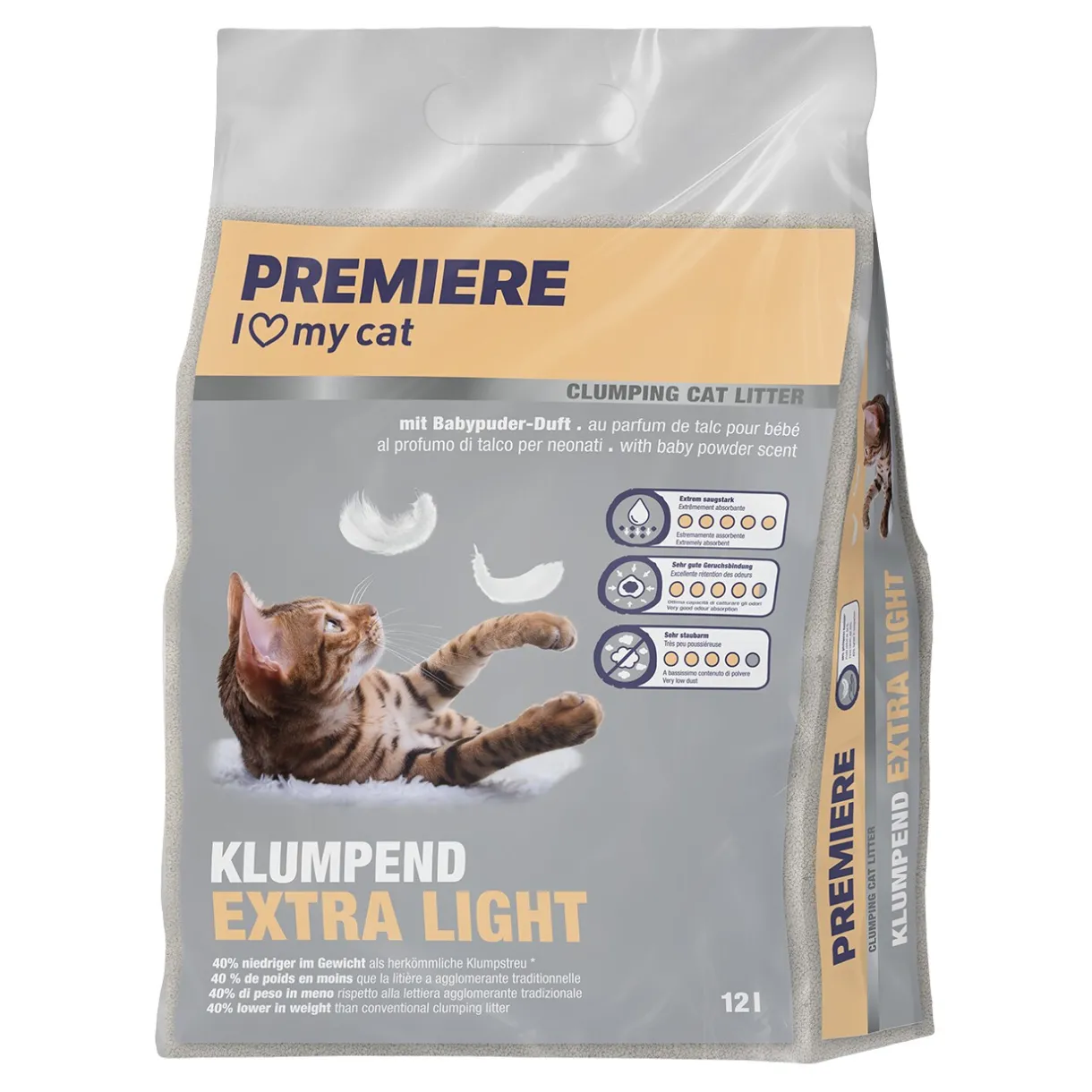 PREMIERE Litière Pour Chat^Litière agglomérante Poudre de bébé Extra Light 12 l