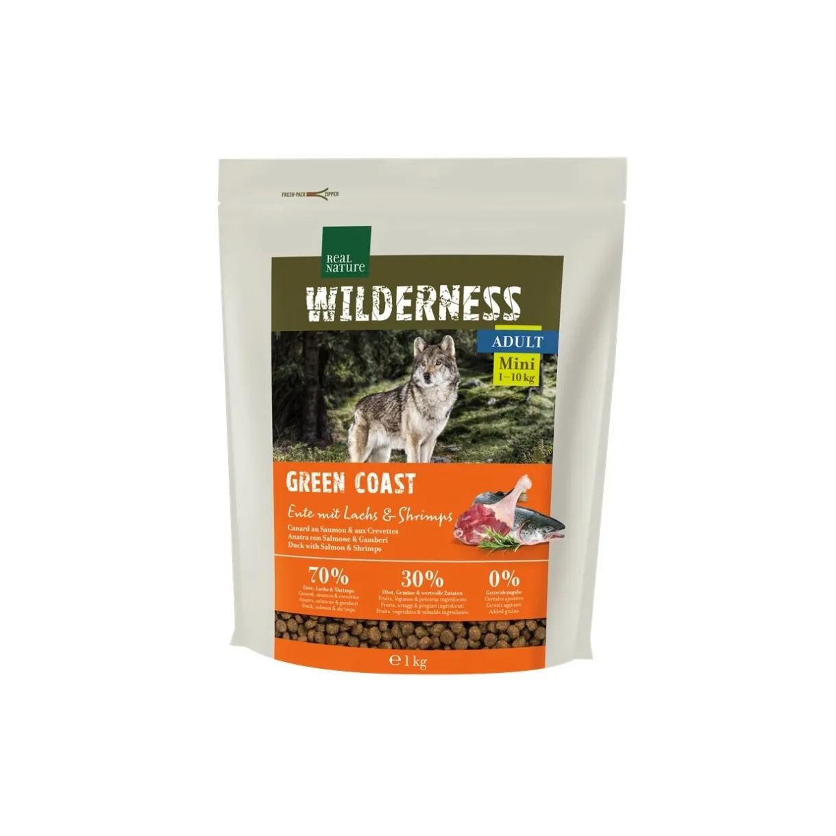 REAL NATURE Croquettes^WILDERNESS Mini Adult Green Coast canard au saumon et aux crevettes 1 kg