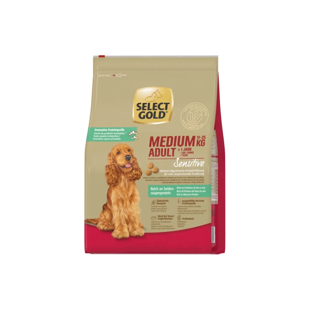 SELECT GOLD Croquettes^Croquettes Chien Medium Adulte Sensible Riche en Protéines de Ver à Soie 4kg