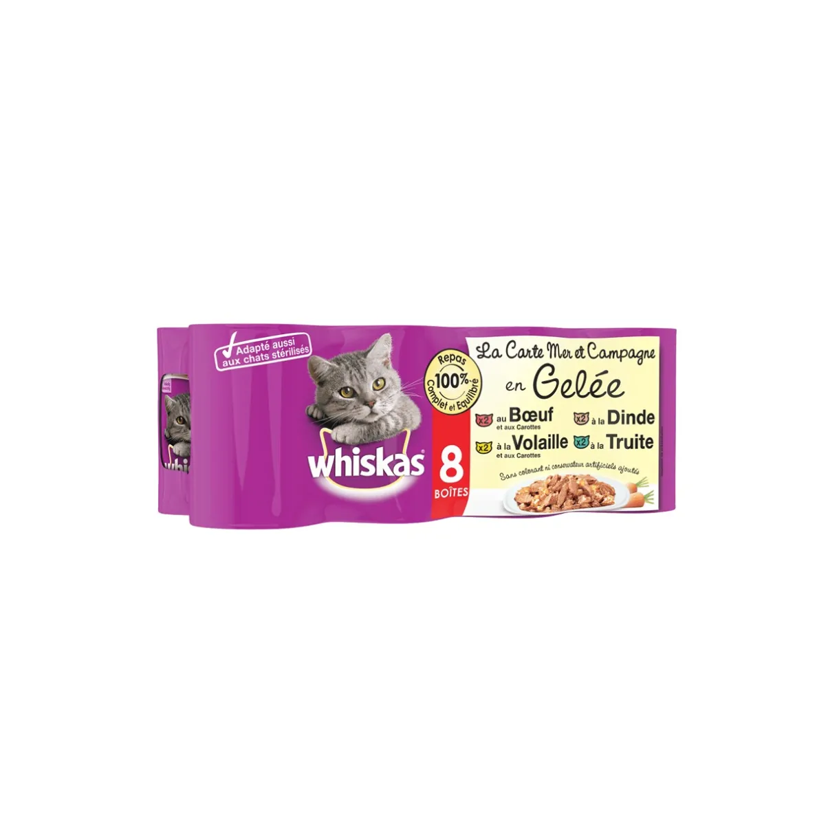 Whiskas Nourriture Humide^Boîtes La Carte Mer et Campagne en Gelée 4 variétés pour chat 8x390g