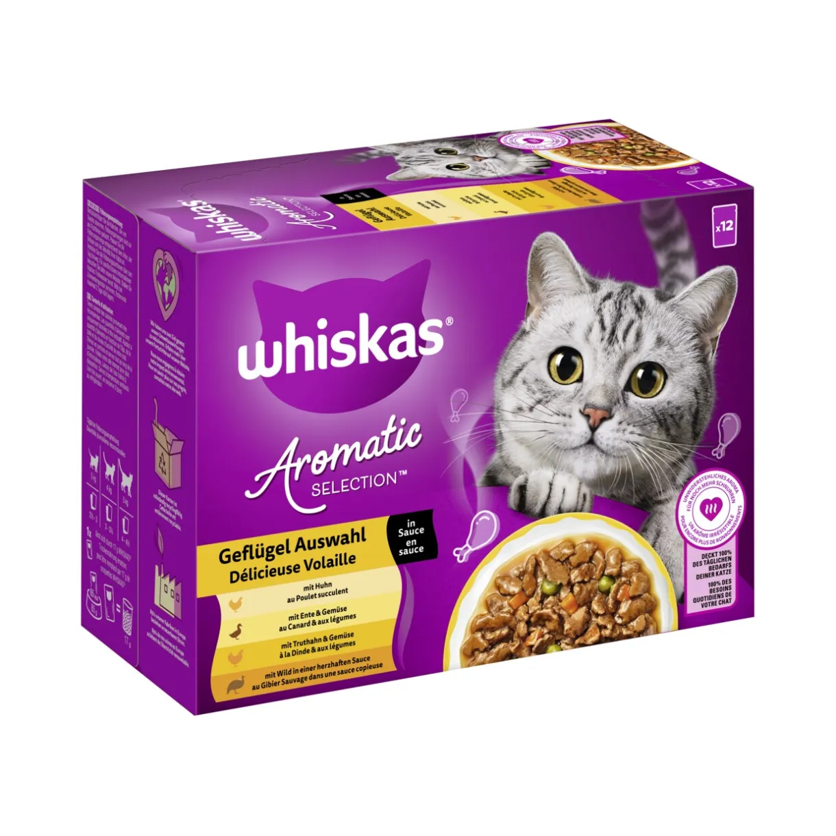 Whiskas Nourriture Humide^nourriture humide pour chat adulte, multipack, 1+ sélection de volaille, en sauce 12x85 g